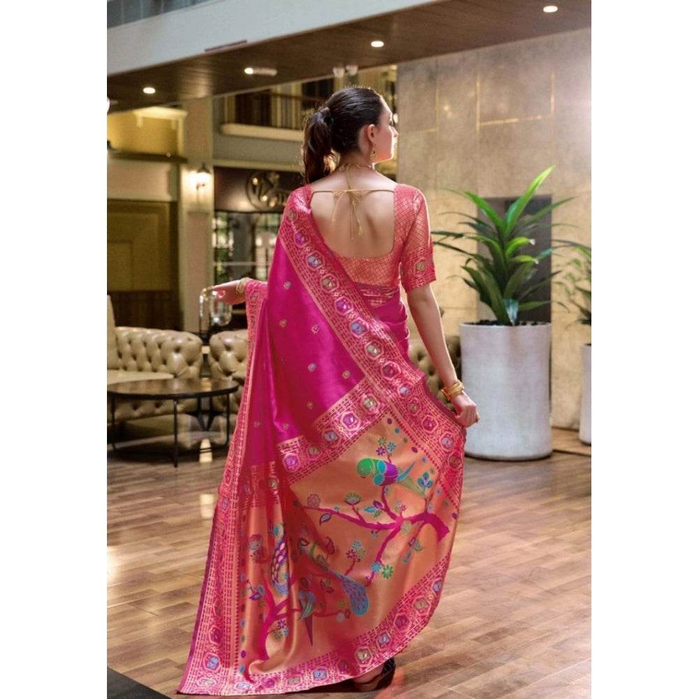 Generic Women's Silk Blend Paithani Weaving Saree With Unstitched Blouse 5.5Mtr (Pink) - MYLUXURY LANE ENTERPRISE
